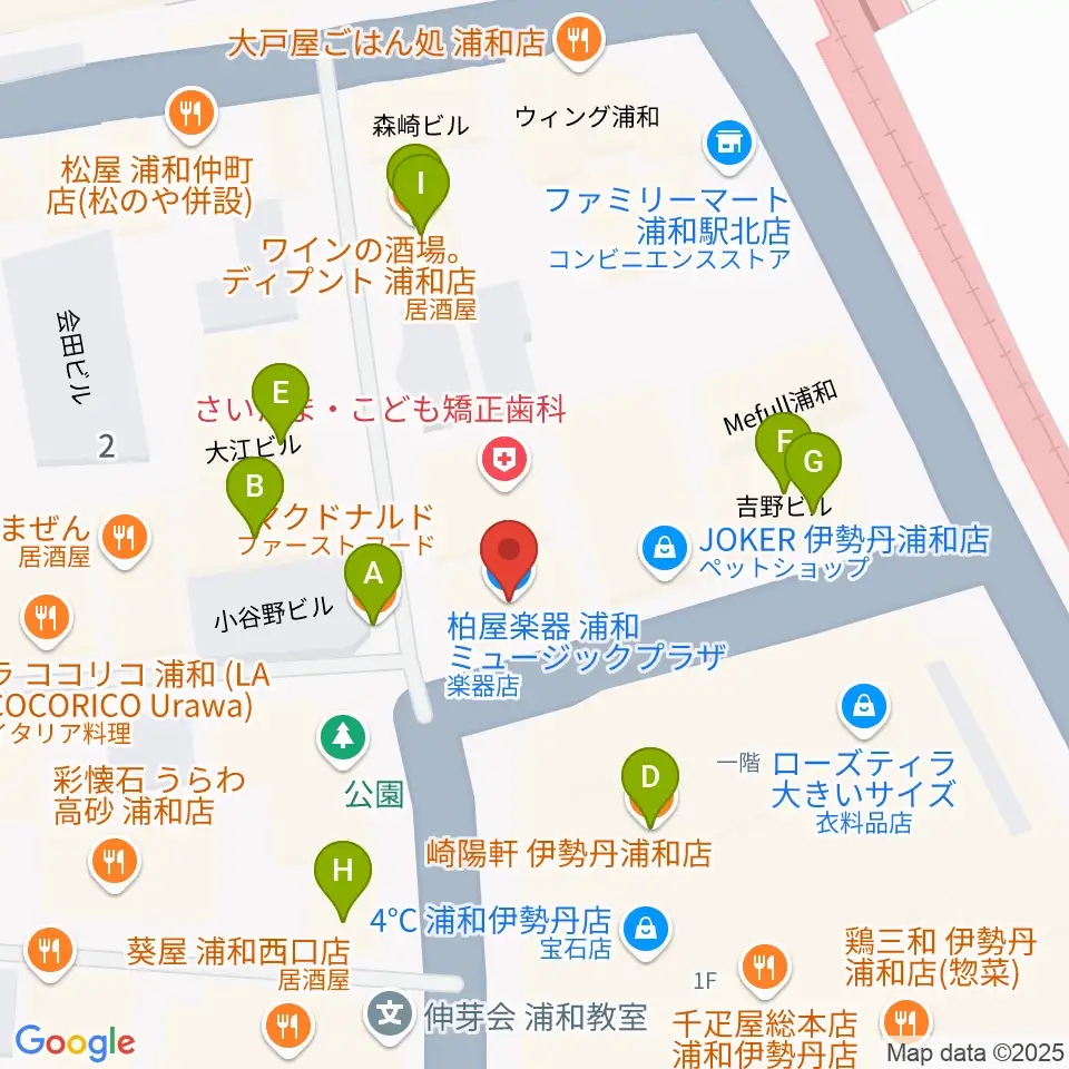 柏屋楽器本店 浦和ミュージックプラザ周辺のファミレス・ファーストフード一覧地図