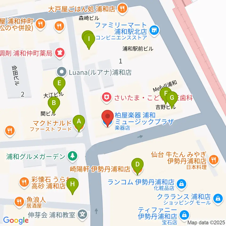柏屋楽器本店 浦和ミュージックプラザ周辺のファミレス・ファーストフード一覧地図