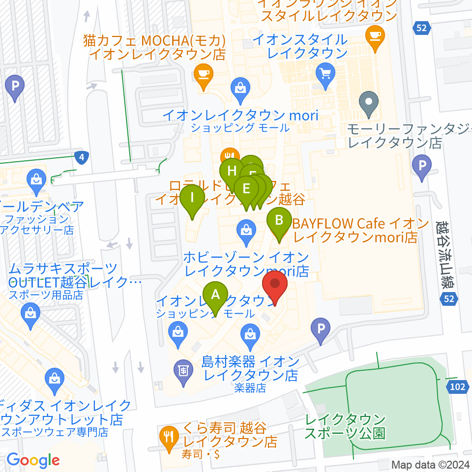 JEUGIAカルチャーセンター イオンレイクタウン周辺のファミレス・ファーストフード一覧地図