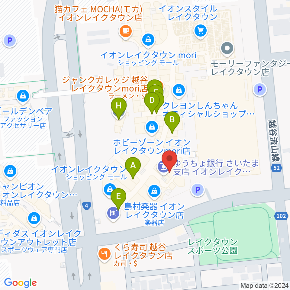 JEUGIAカルチャーセンター イオンレイクタウン周辺のファミレス・ファーストフード一覧地図