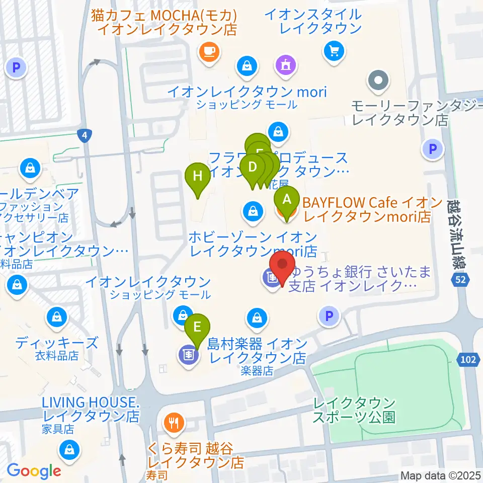 JEUGIAカルチャーセンター イオンレイクタウン周辺のファミレス・ファーストフード一覧地図