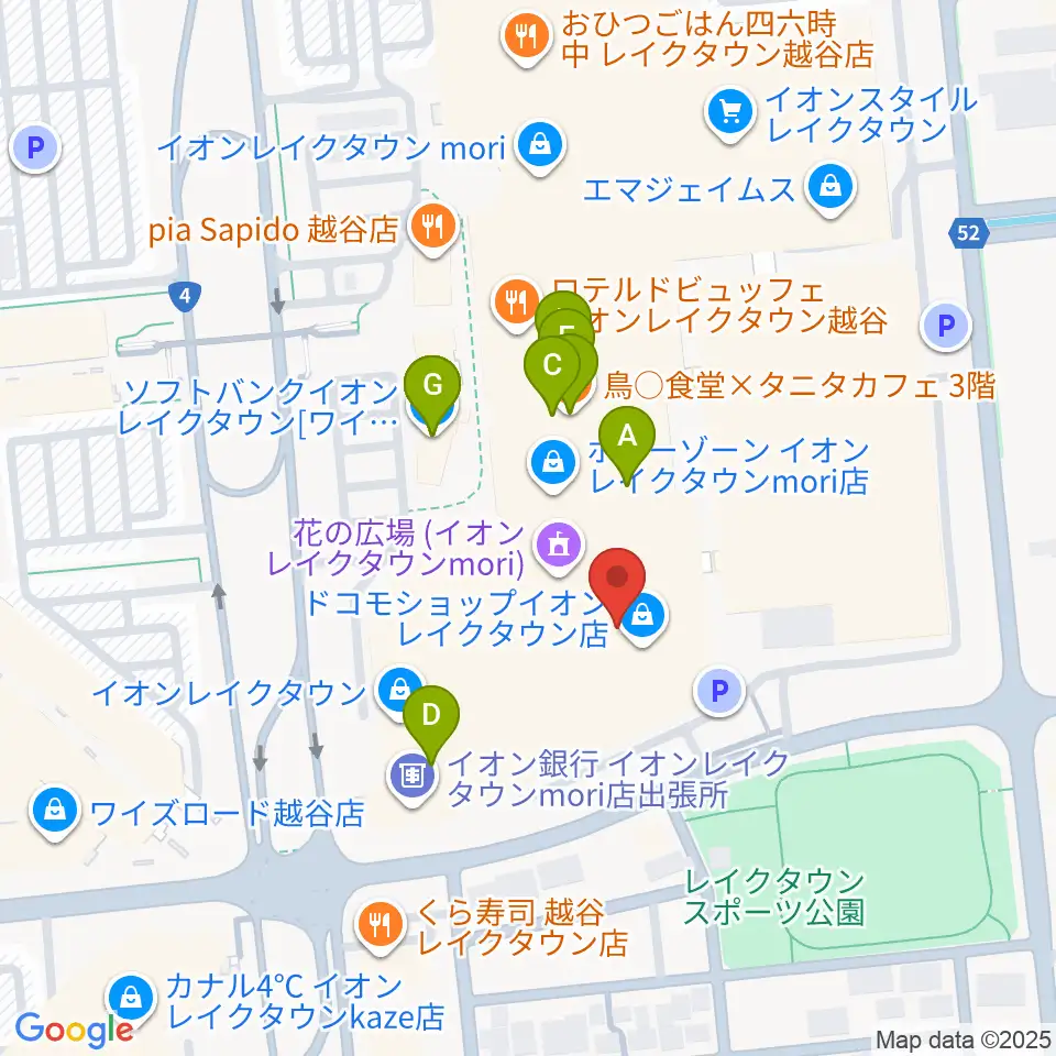 JEUGIAカルチャーセンター イオンレイクタウン周辺のファミレス・ファーストフード一覧地図