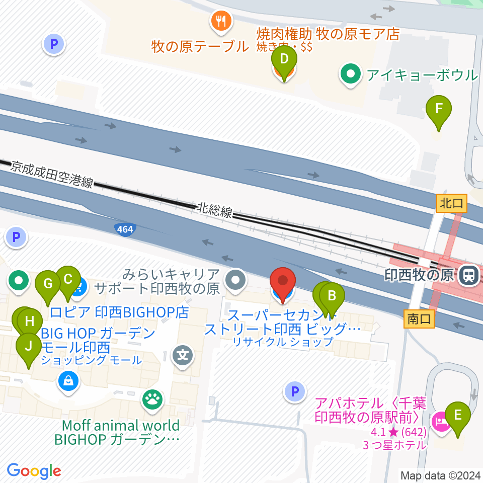 JEUGIAカルチャーセンター BIGHOP印西周辺のファミレス・ファーストフード一覧地図