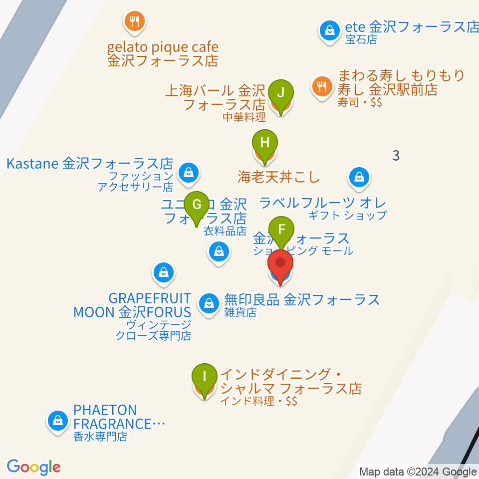 タワーレコード金沢フォーラス店周辺のファミレス・ファーストフード一覧地図