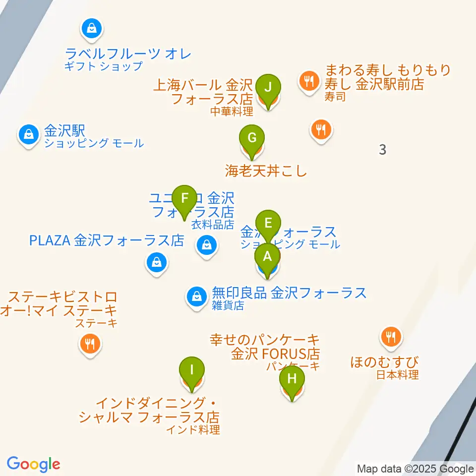 タワーレコード金沢フォーラス店周辺のファミレス・ファーストフード一覧地図