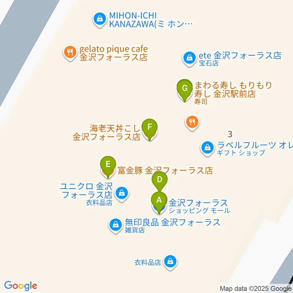 タワーレコード金沢フォーラス店周辺のファミレス・ファーストフード一覧地図