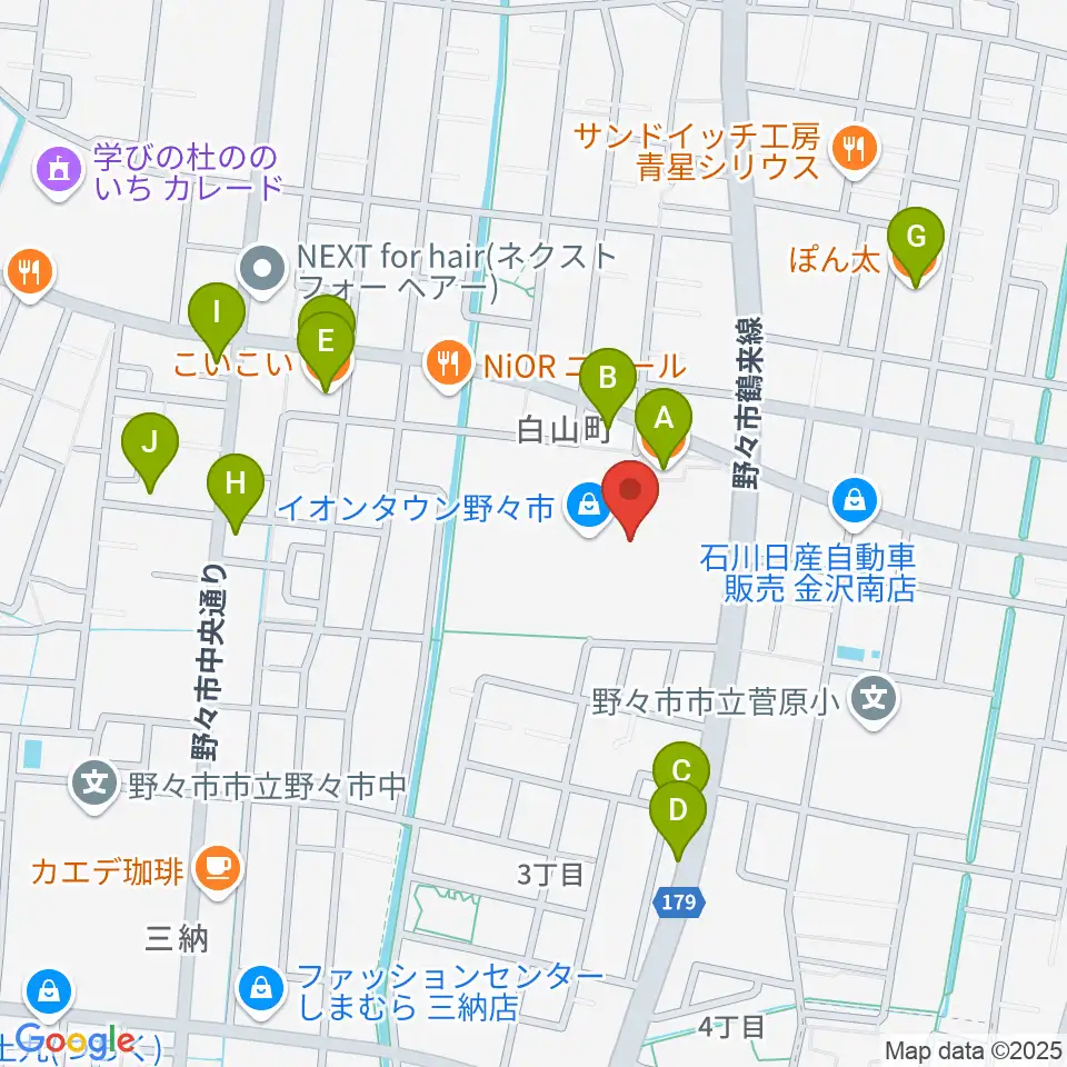 北國新聞文化センター イオンタウン野々市スタジオ周辺のファミレス・ファーストフード一覧地図