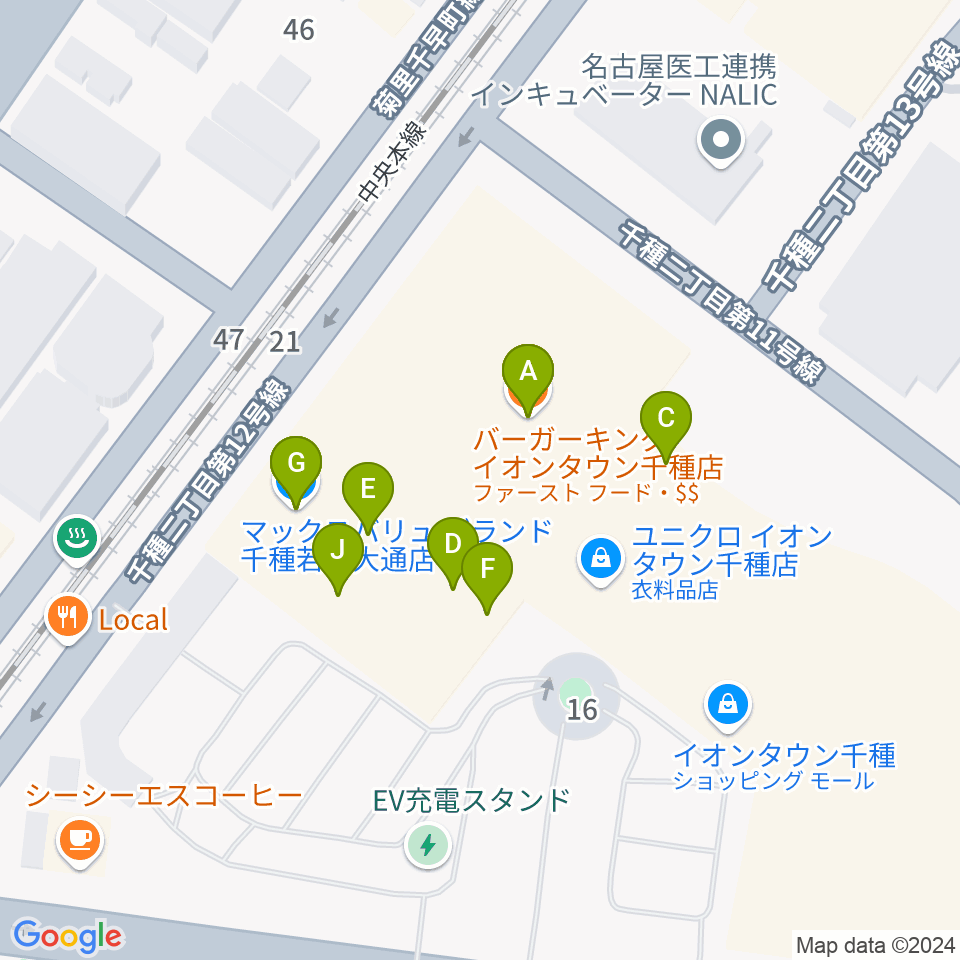 JEUGIAカルチャーセンター イオンタウン千種周辺のファミレス・ファーストフード一覧地図