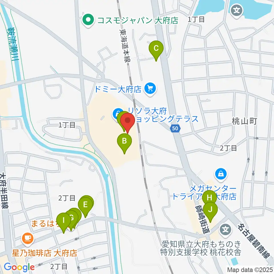 JEUGIAカルチャーセンター リソラ大府周辺のファミレス・ファーストフード一覧地図