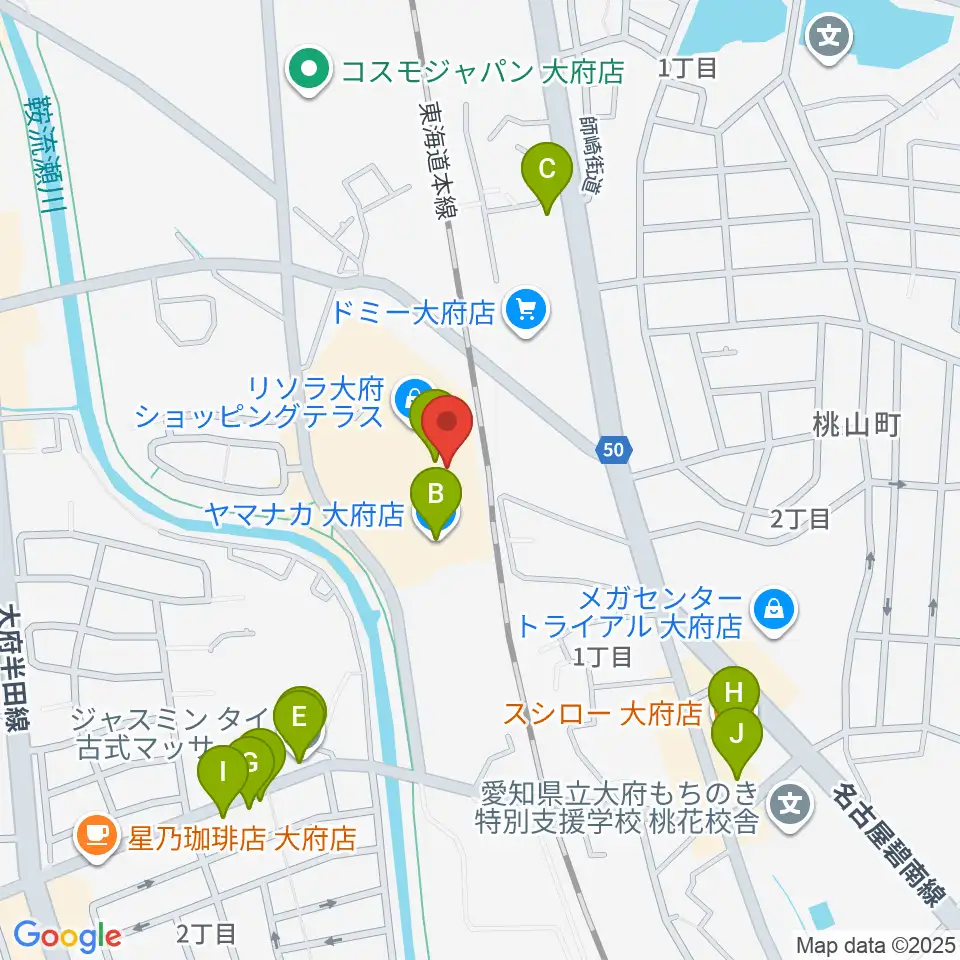 JEUGIAカルチャーセンター リソラ大府周辺のファミレス・ファーストフード一覧地図