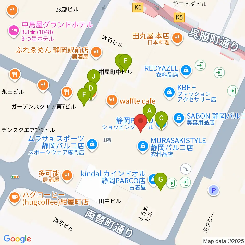 タワーレコード静岡店周辺のファミレス・ファーストフード一覧地図