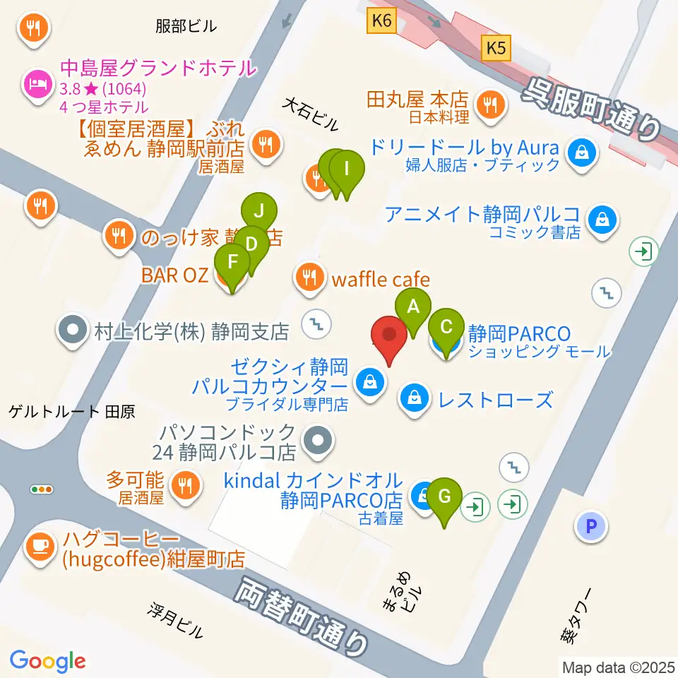 タワーレコード静岡店周辺のファミレス・ファーストフード一覧地図
