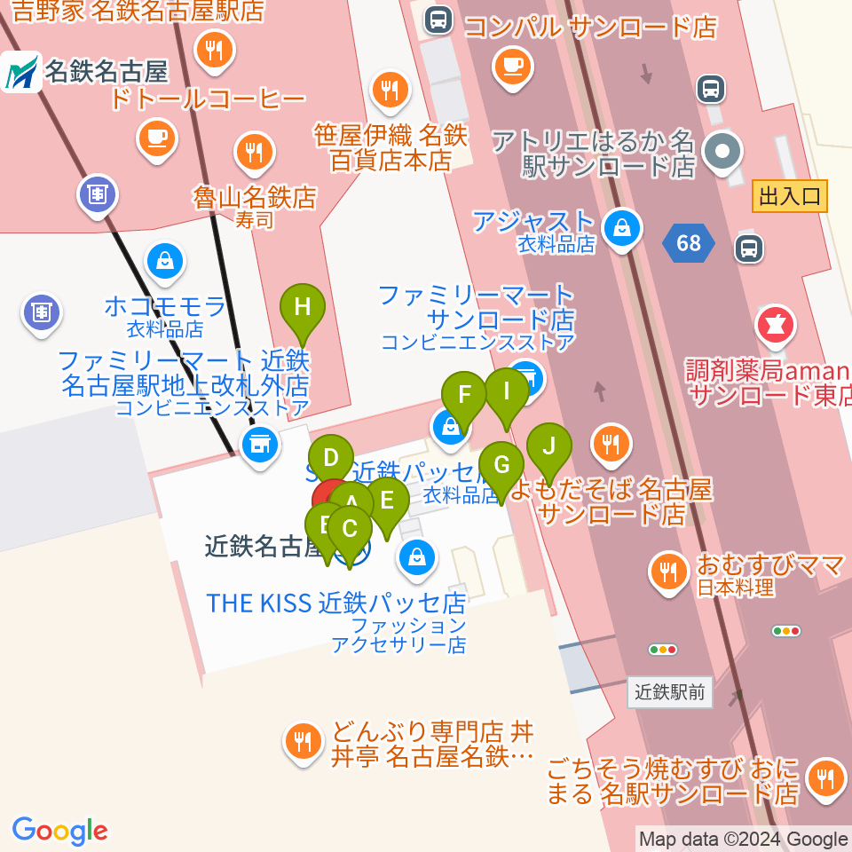 タワーレコード名古屋近鉄パッセ店周辺のファミレス・ファーストフード一覧地図