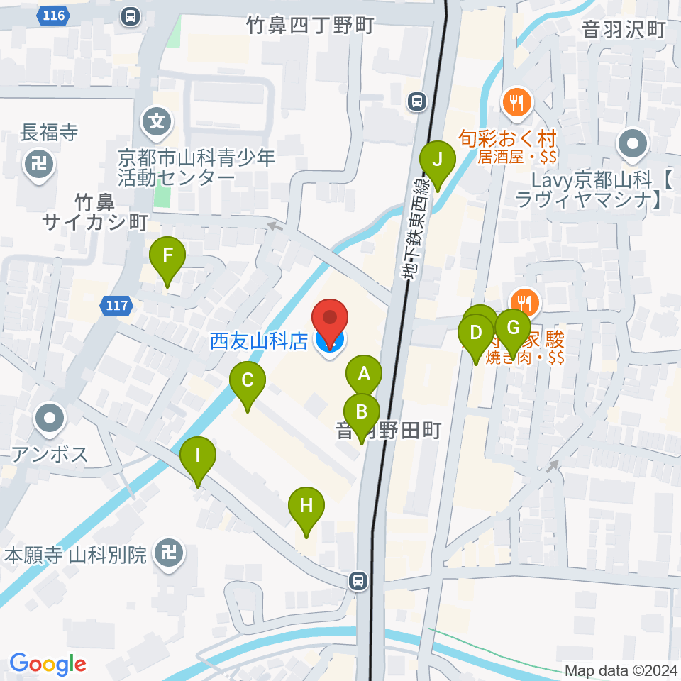 JEUGIAカルチャーセンター 西友山科周辺のファミレス・ファーストフード一覧地図