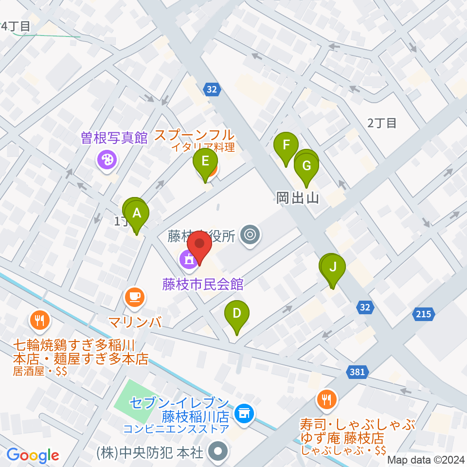 藤枝市民会館周辺のファミレス・ファーストフード一覧地図