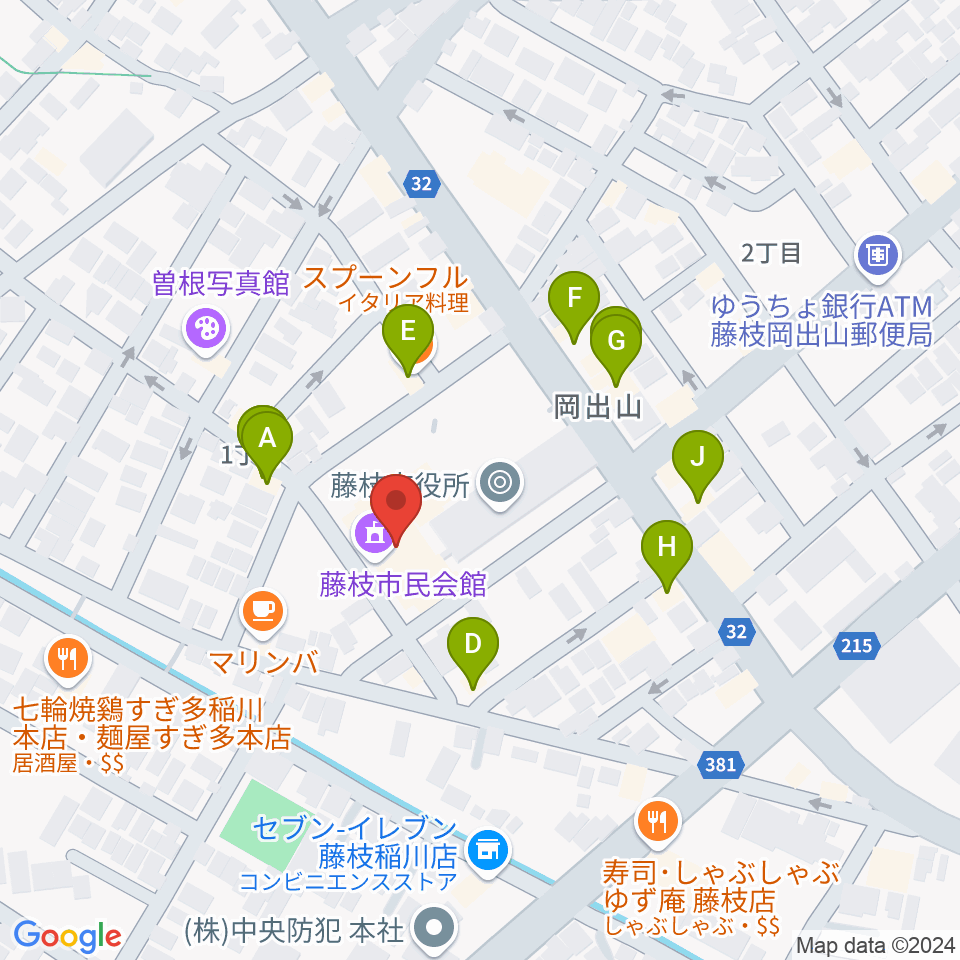 藤枝市民会館周辺のファミレス・ファーストフード一覧地図