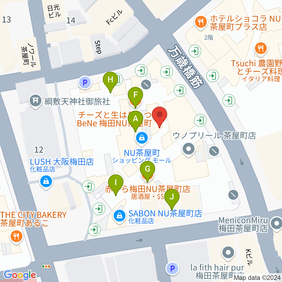 タワーレコード梅田NU茶屋町店周辺のファミレス・ファーストフード一覧地図