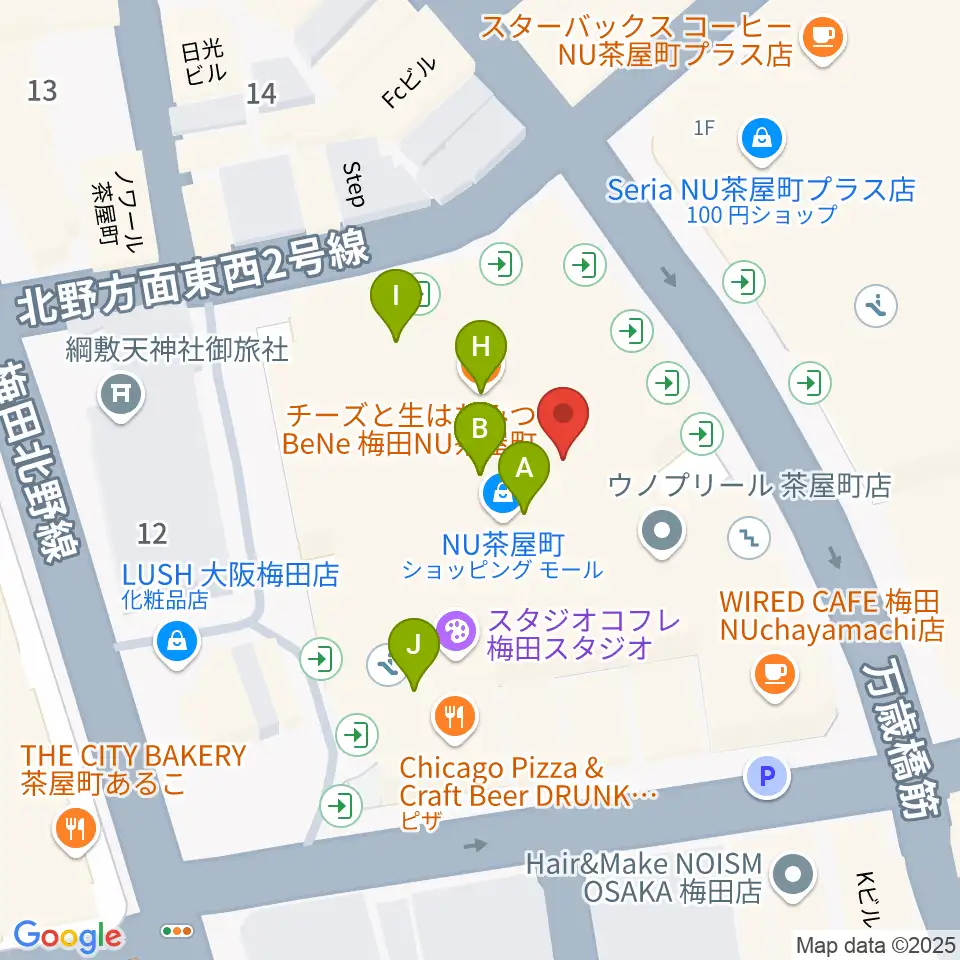 タワーレコード梅田NU茶屋町店周辺のファミレス・ファーストフード一覧地図
