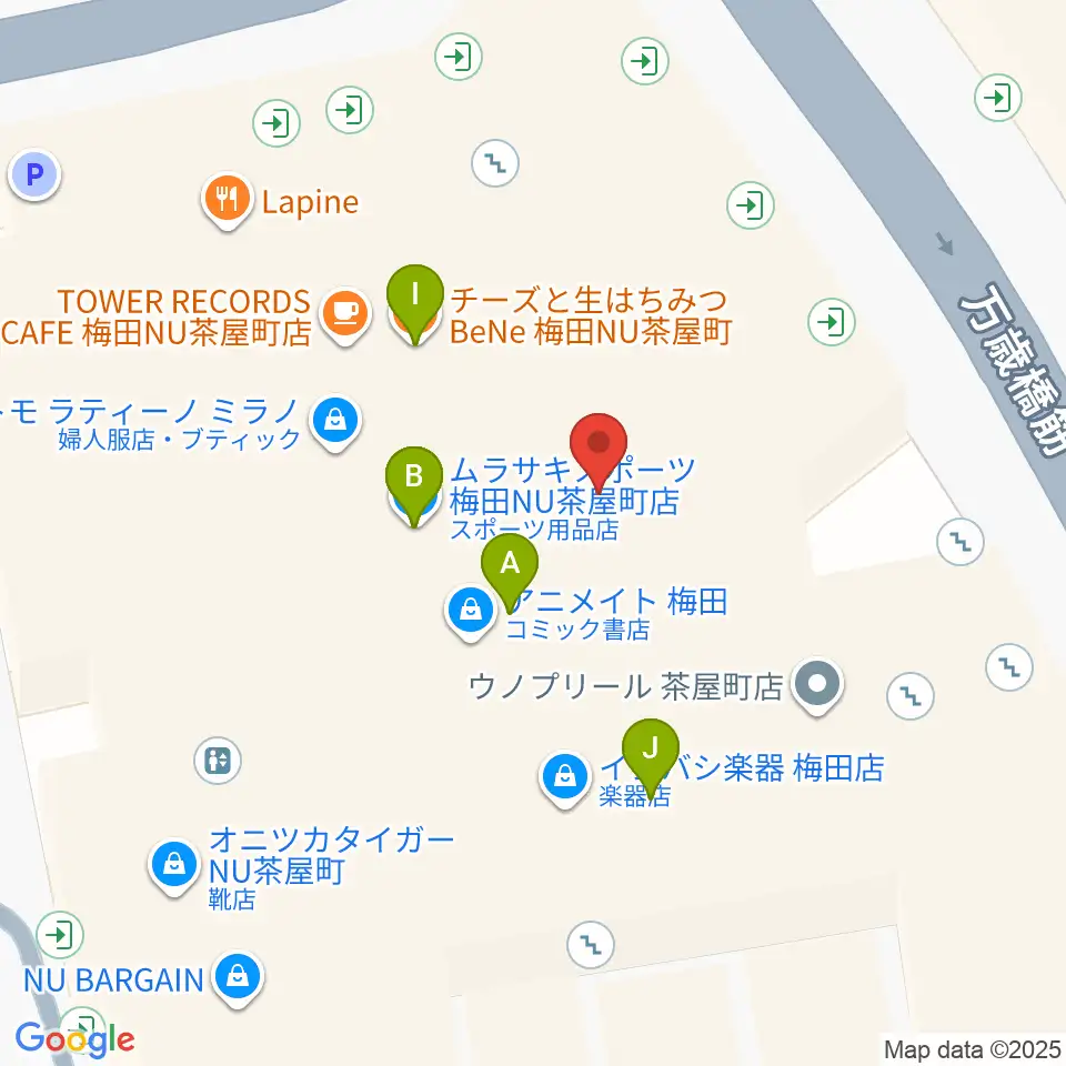 タワーレコード梅田NU茶屋町店周辺のファミレス・ファーストフード一覧地図