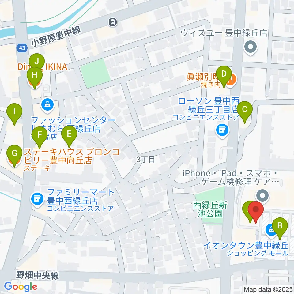 JEUGIAカルチャーセンター イオンタウン豊中緑丘周辺のファミレス・ファーストフード一覧地図