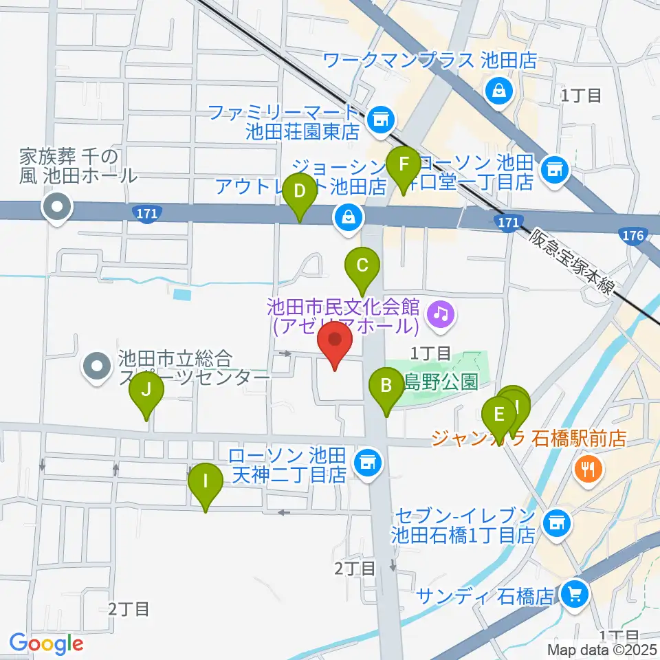 池田市立カルチャープラザ周辺のファミレス・ファーストフード一覧地図