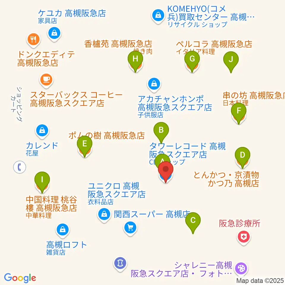 タワーレコード高槻阪急スクエア店周辺のファミレス・ファーストフード一覧地図