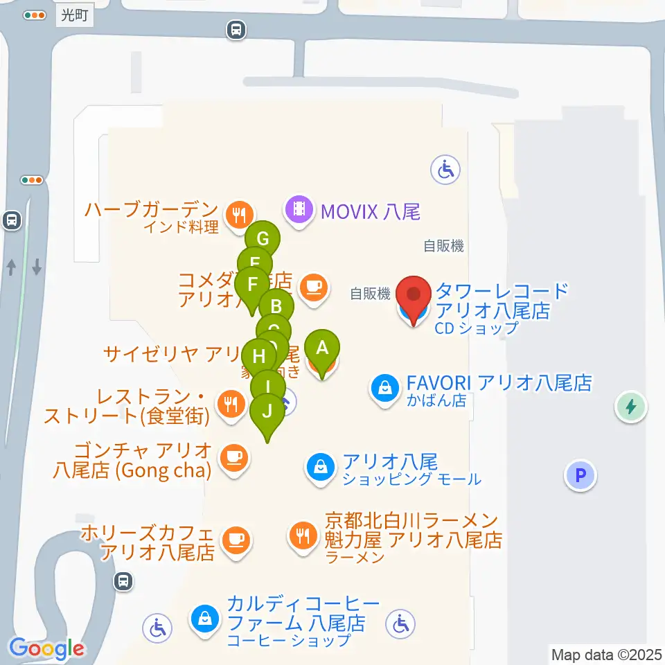 タワーレコード アリオ八尾店周辺のファミレス・ファーストフード一覧地図