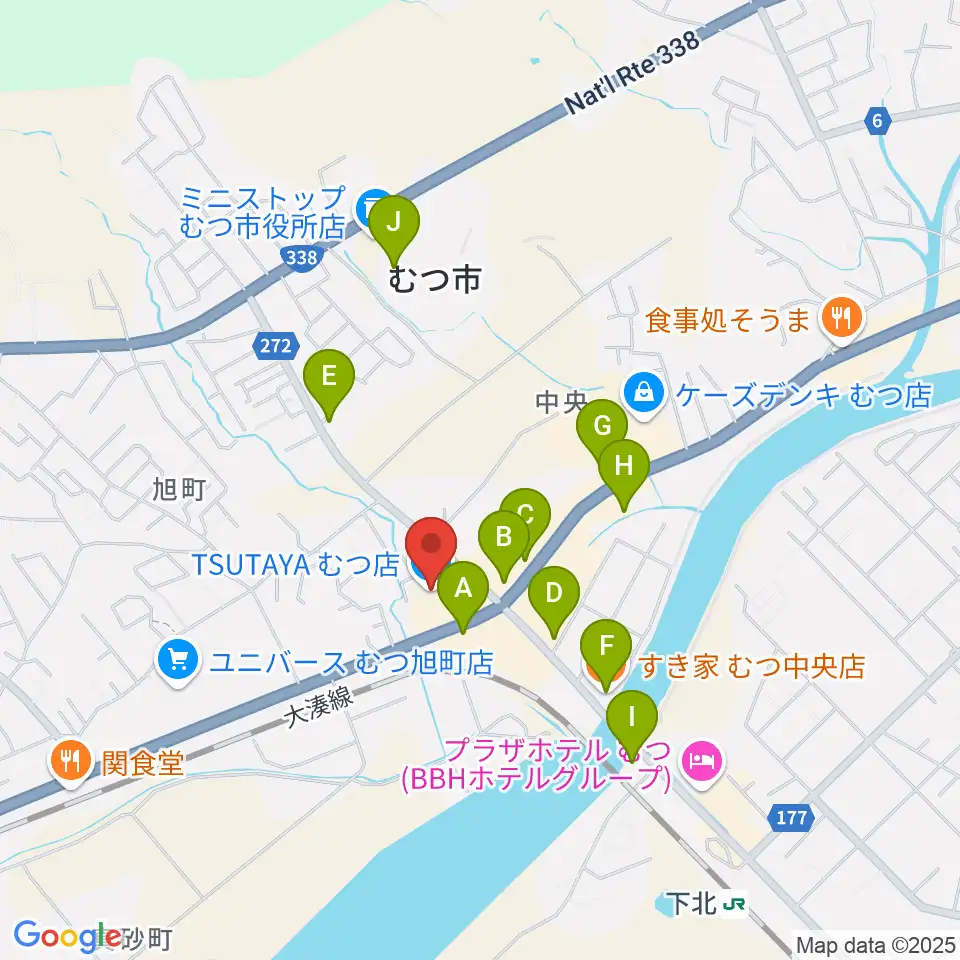 TSUTAYA むつ店周辺のファミレス・ファーストフード一覧地図