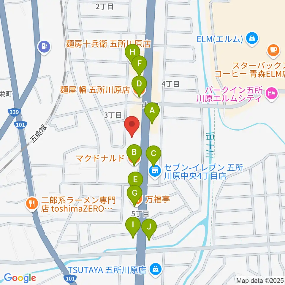 ゲオ五所川原店周辺のファミレス・ファーストフード一覧地図