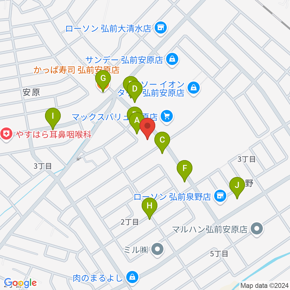 ゲオ弘前安原店周辺のファミレス・ファーストフード一覧地図