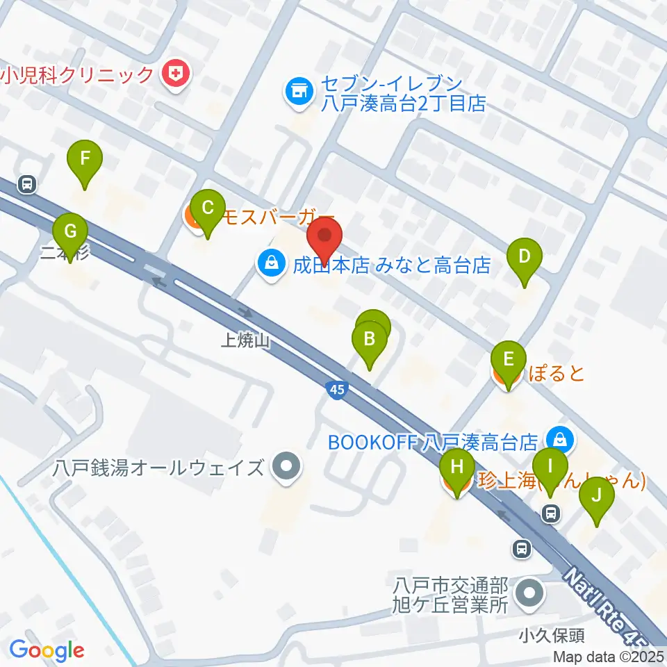 ゲオ八戸湊高台店周辺のファミレス・ファーストフード一覧地図