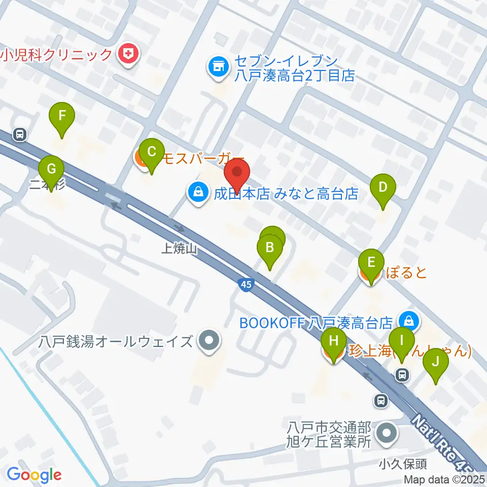 ゲオ八戸湊高台店周辺のファミレス・ファーストフード一覧地図