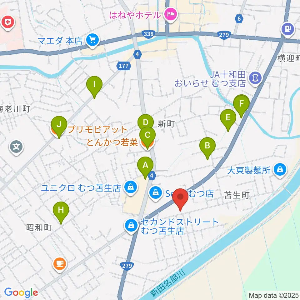 ゲオむつ苫生町店周辺のファミレス・ファーストフード一覧地図