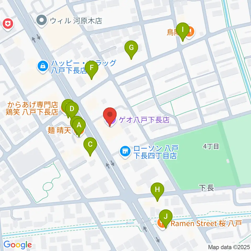 ゲオ八戸下長店周辺のファミレス・ファーストフード一覧地図
