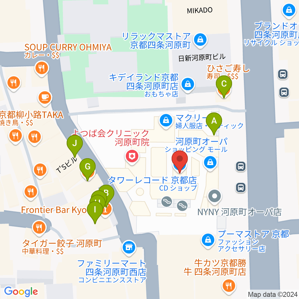 タワーレコード京都店周辺のファミレス・ファーストフード一覧地図