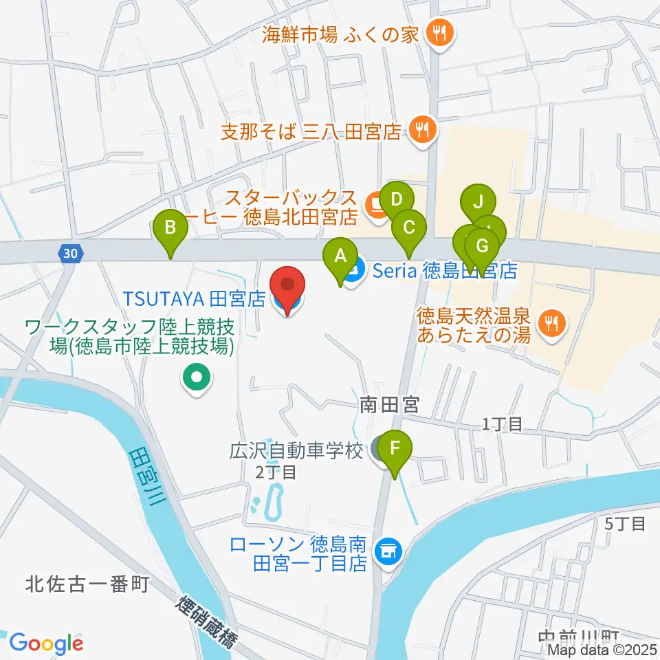 TSUTAYA 田宮店周辺のファミレス・ファーストフード一覧地図