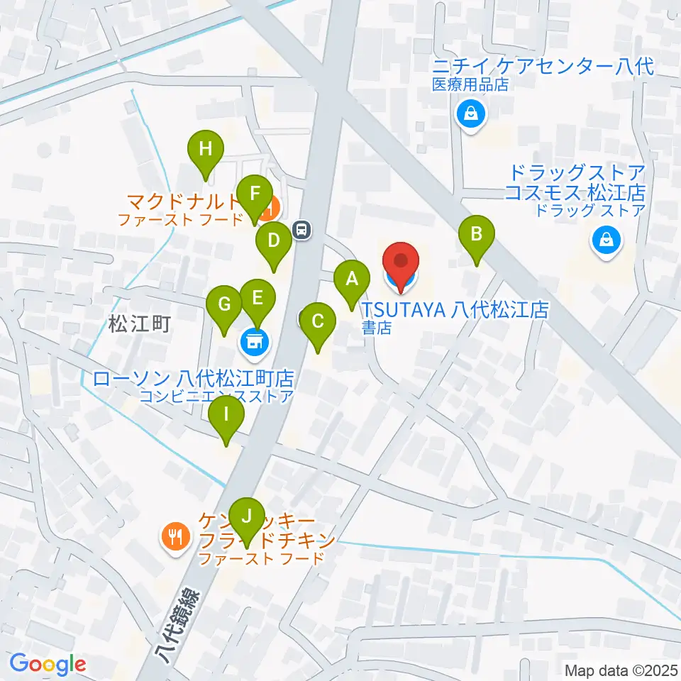 TSUTAYA 八代松江店周辺のファミレス・ファーストフード一覧地図