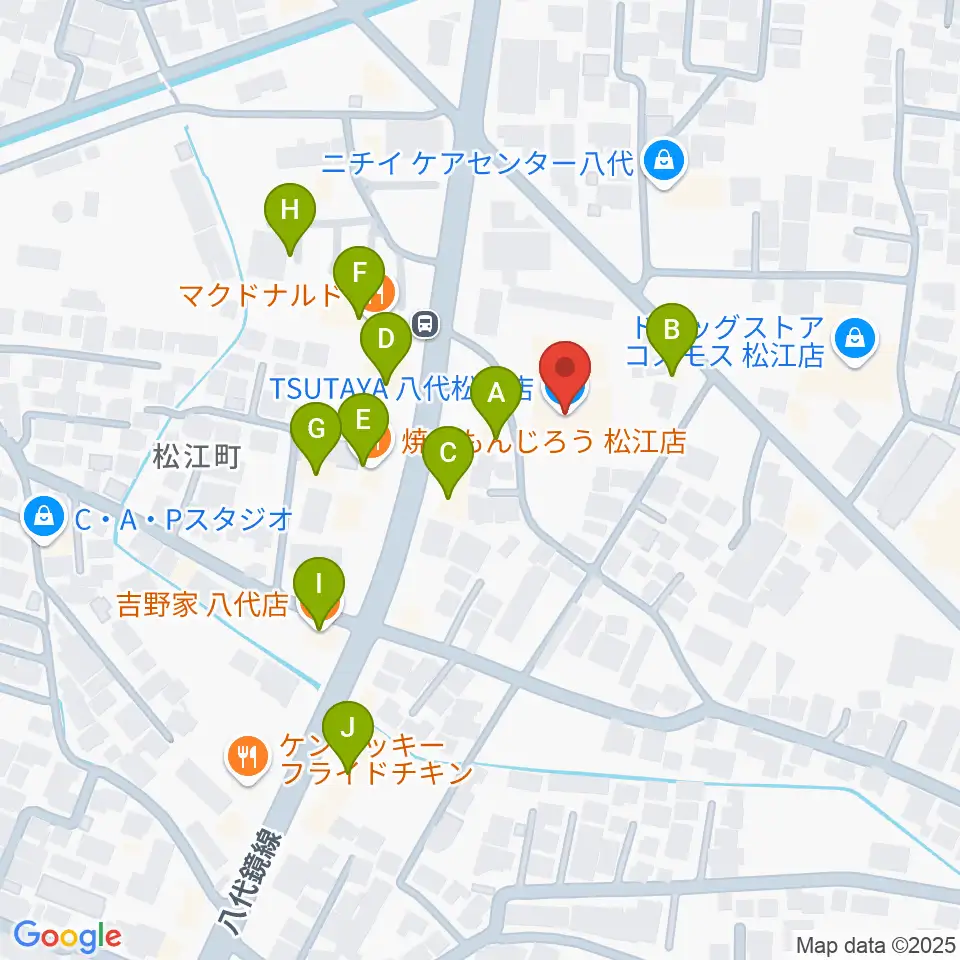 TSUTAYA 八代松江店周辺のファミレス・ファーストフード一覧地図
