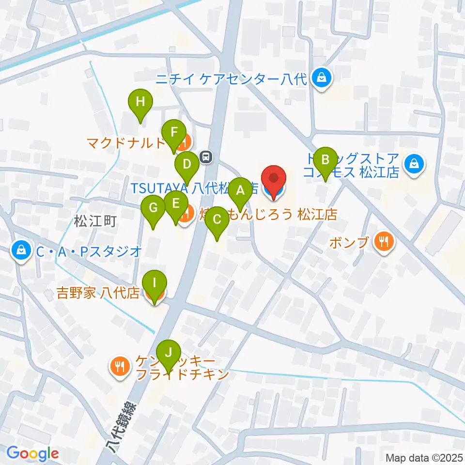TSUTAYA 八代松江店周辺のファミレス・ファーストフード一覧地図