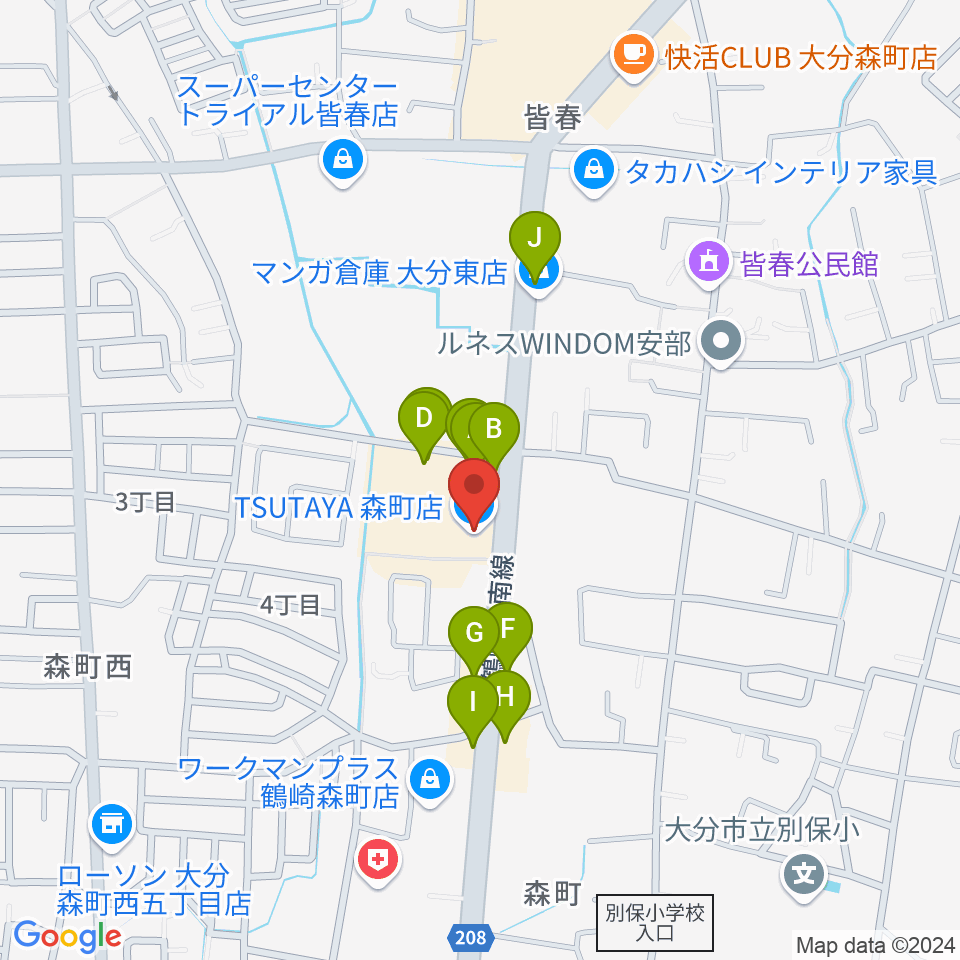 TSUTAYA 森町店周辺のファミレス・ファーストフード一覧地図