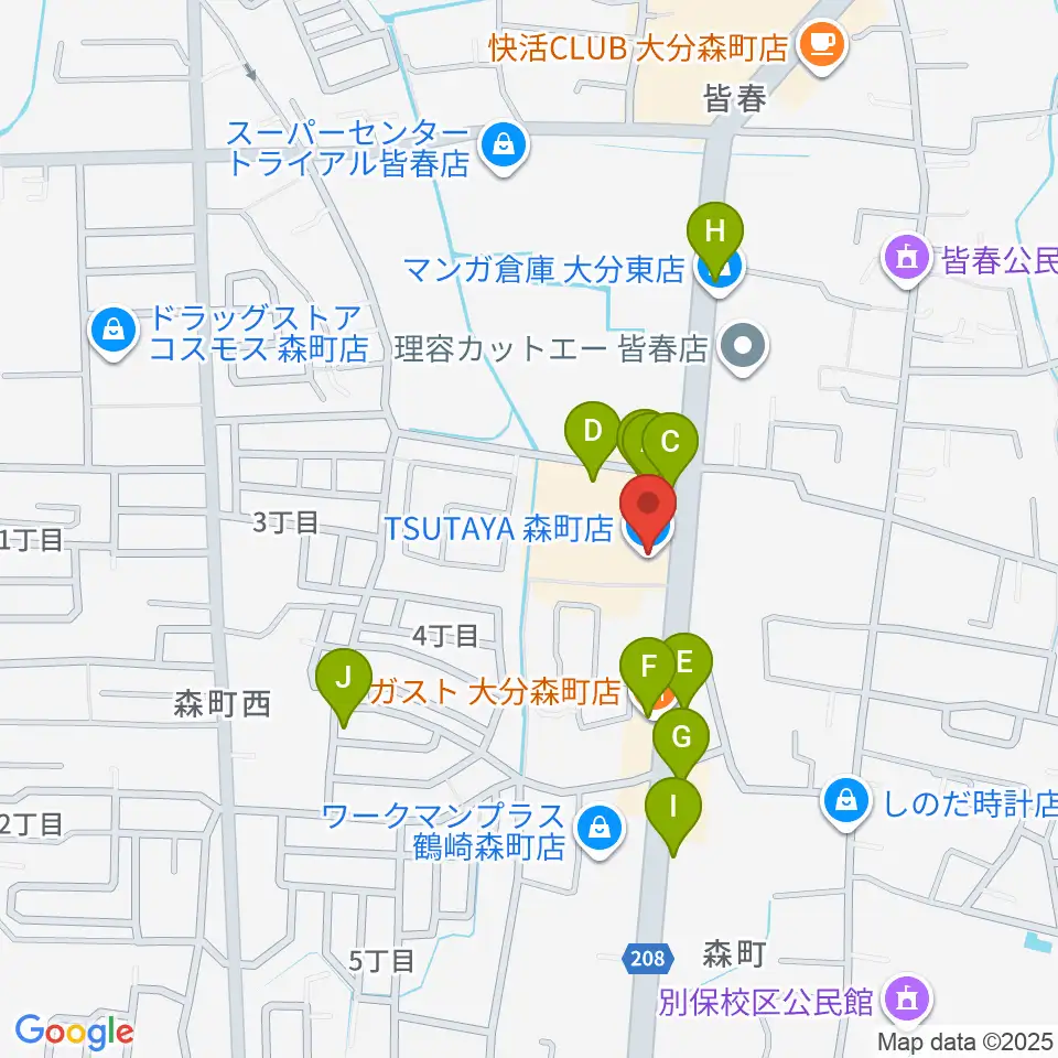 TSUTAYA 森町店周辺のファミレス・ファーストフード一覧地図