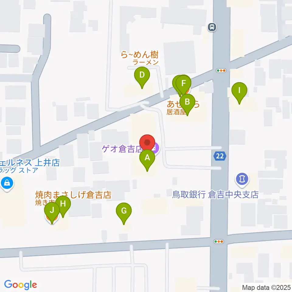 ゲオ倉吉店周辺のファミレス・ファーストフード一覧地図