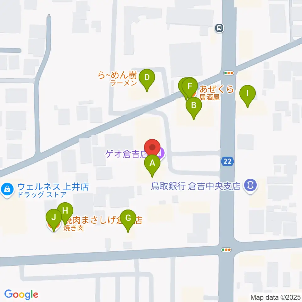 ゲオ倉吉店周辺のファミレス・ファーストフード一覧地図
