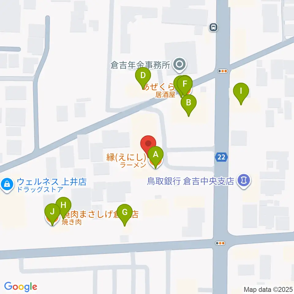 ゲオ倉吉店周辺のファミレス・ファーストフード一覧地図