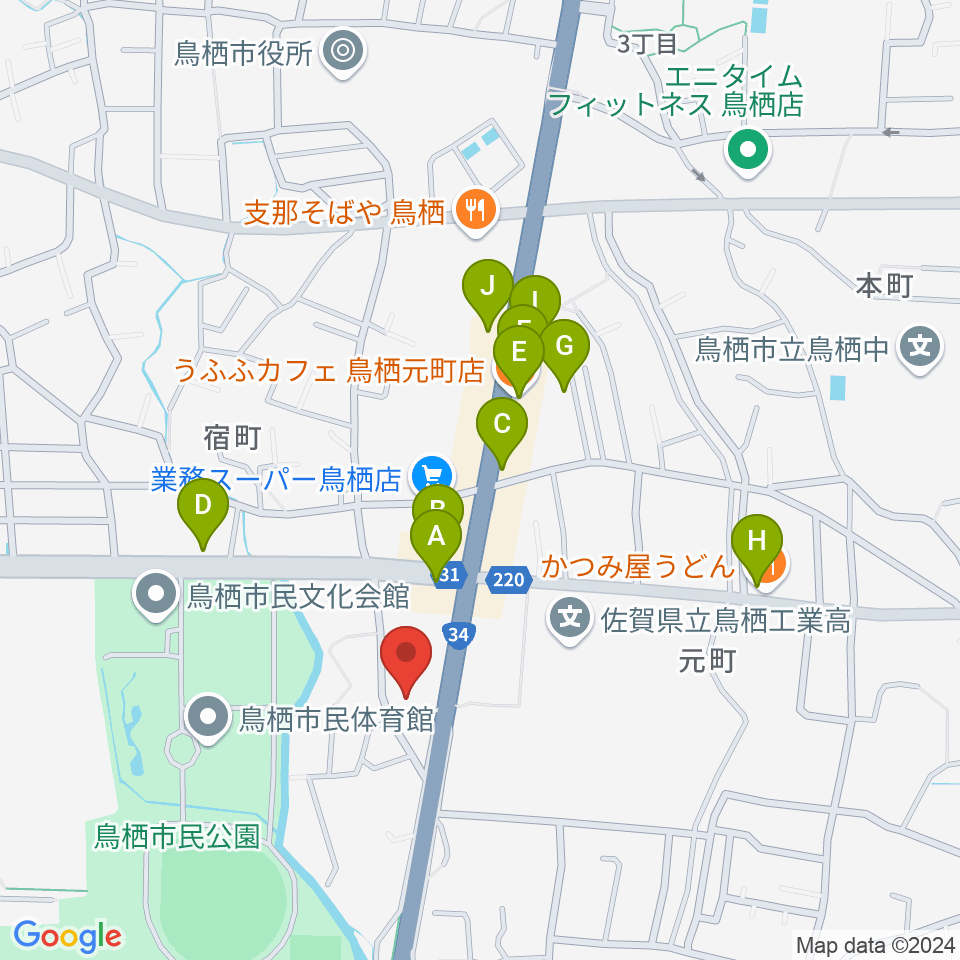 ゲオ鳥栖店周辺のファミレス・ファーストフード一覧地図