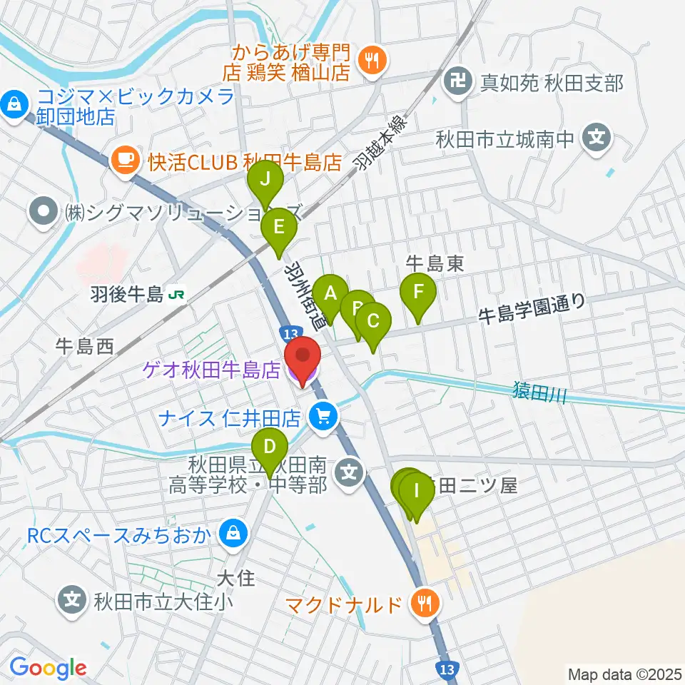 ゲオ秋田牛島店周辺のファミレス・ファーストフード一覧地図