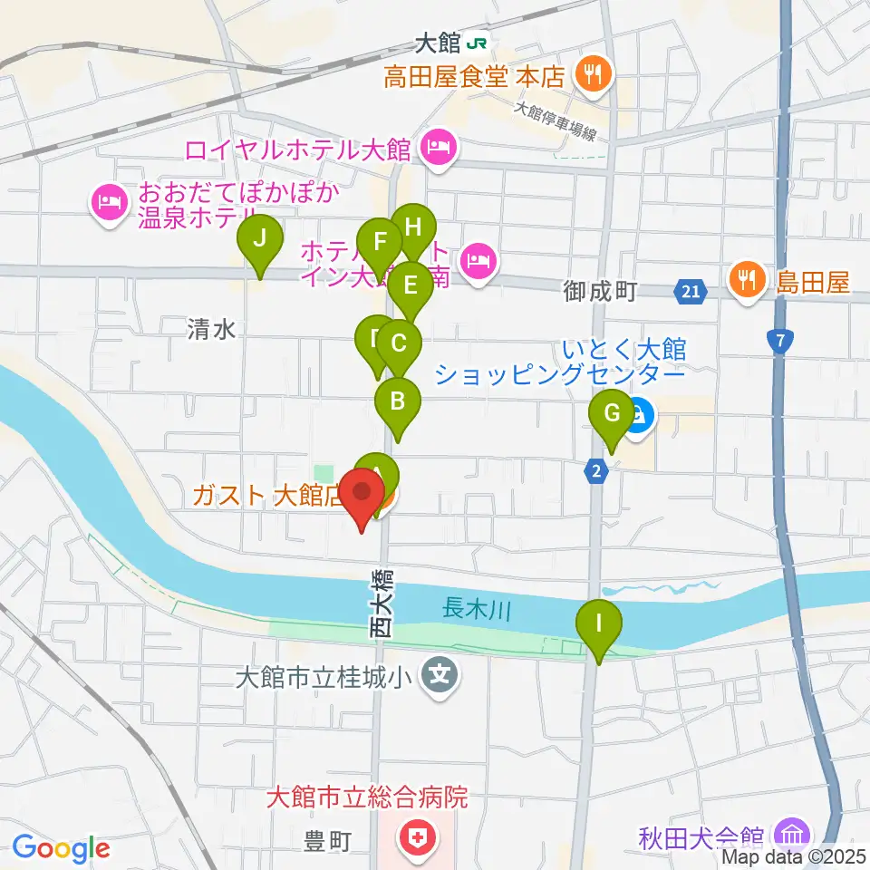ゲオ大館店周辺のファミレス・ファーストフード一覧地図