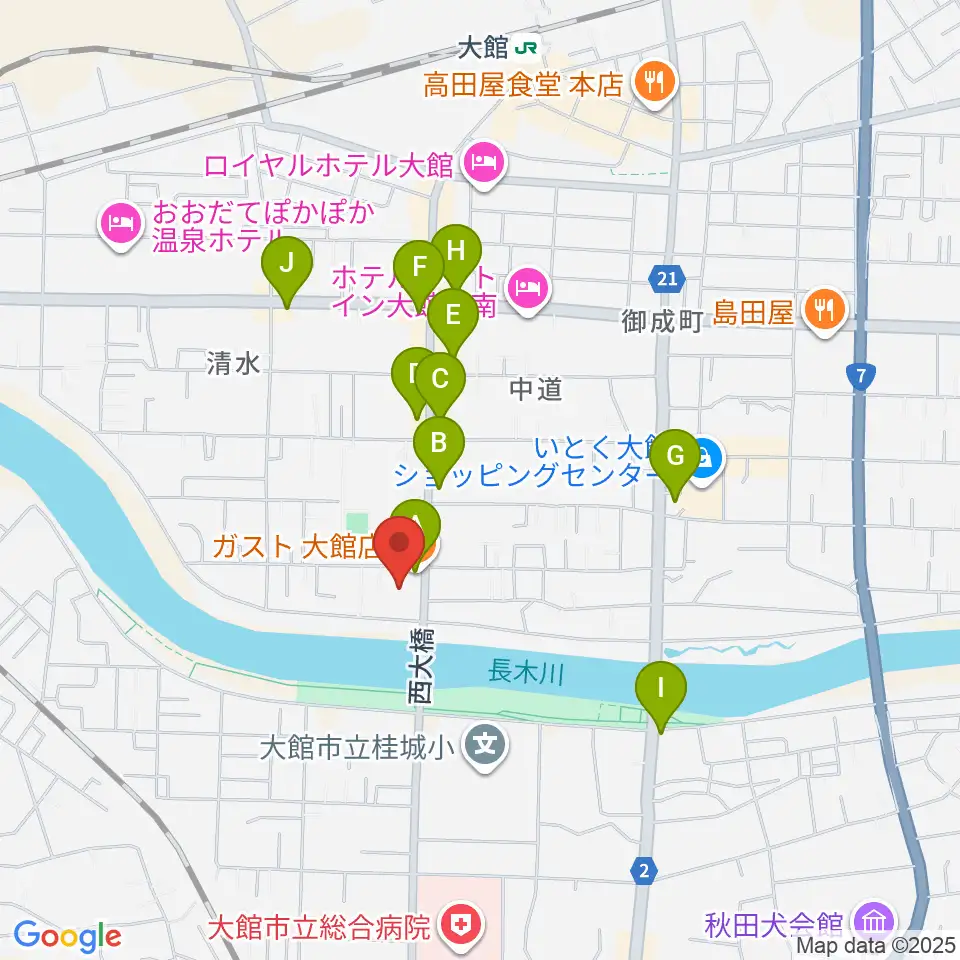 ゲオ大館店周辺のファミレス・ファーストフード一覧地図