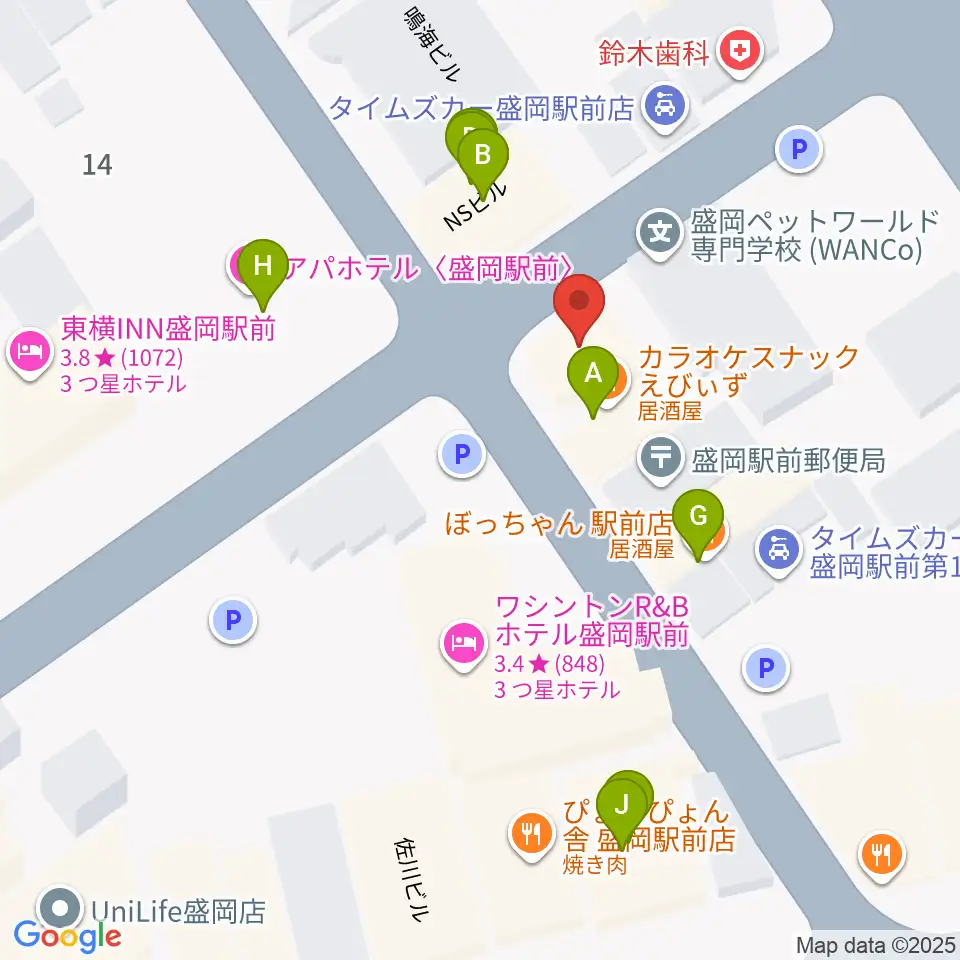 盛岡グローブ周辺のファミレス・ファーストフード一覧地図
