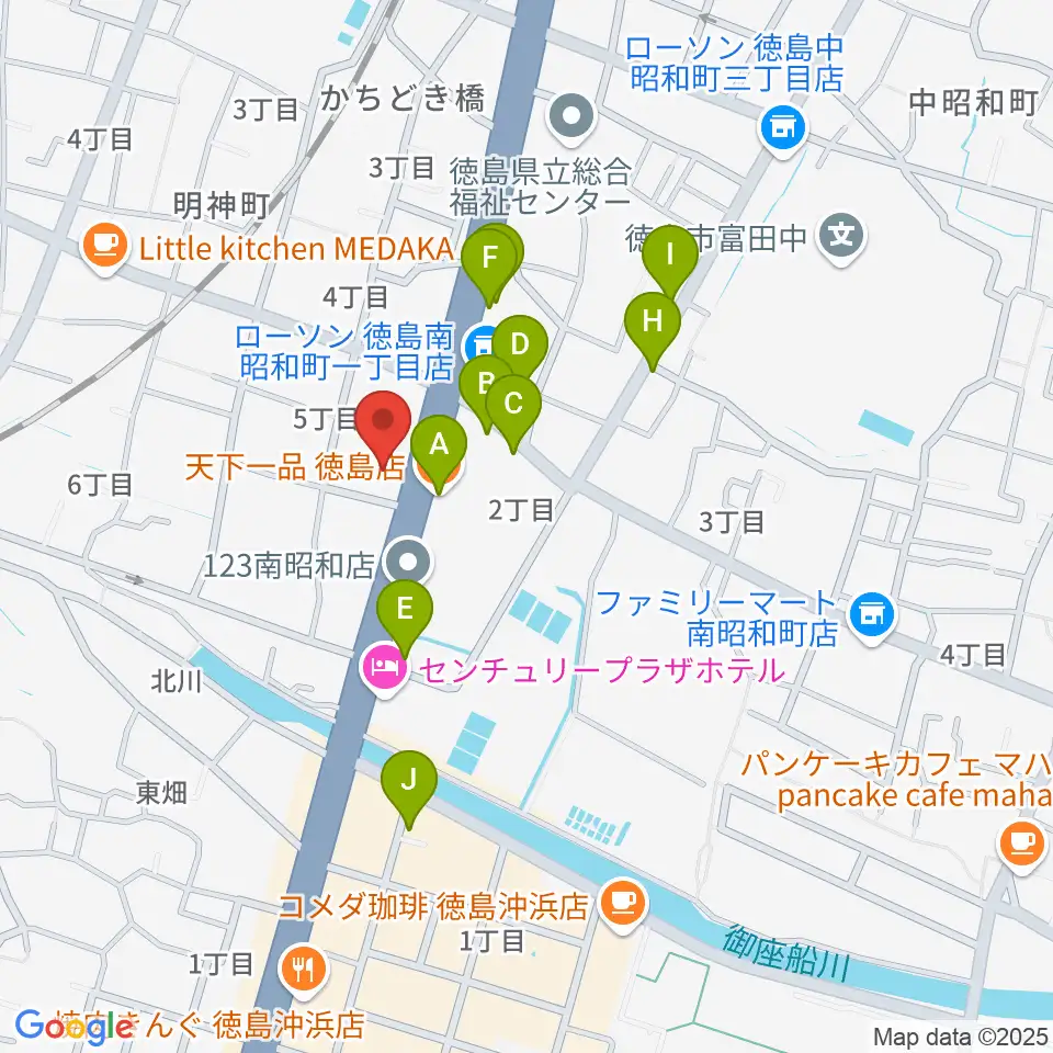 ゲオ徳島南昭和店周辺のファミレス・ファーストフード一覧地図